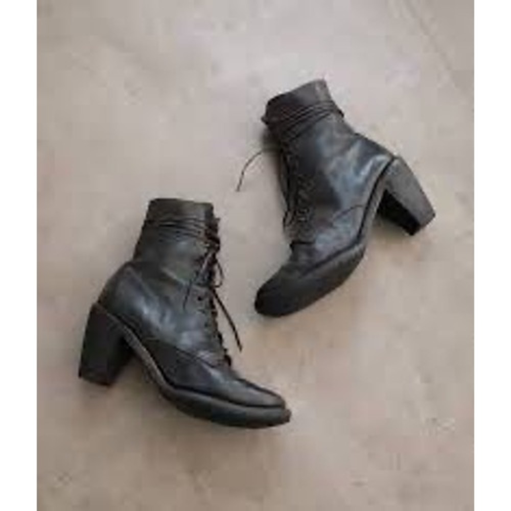 Guidi Distressed Leather Lace Up Wrap Ankle Boots Black Grey Tapered Heel‎ Sz 39